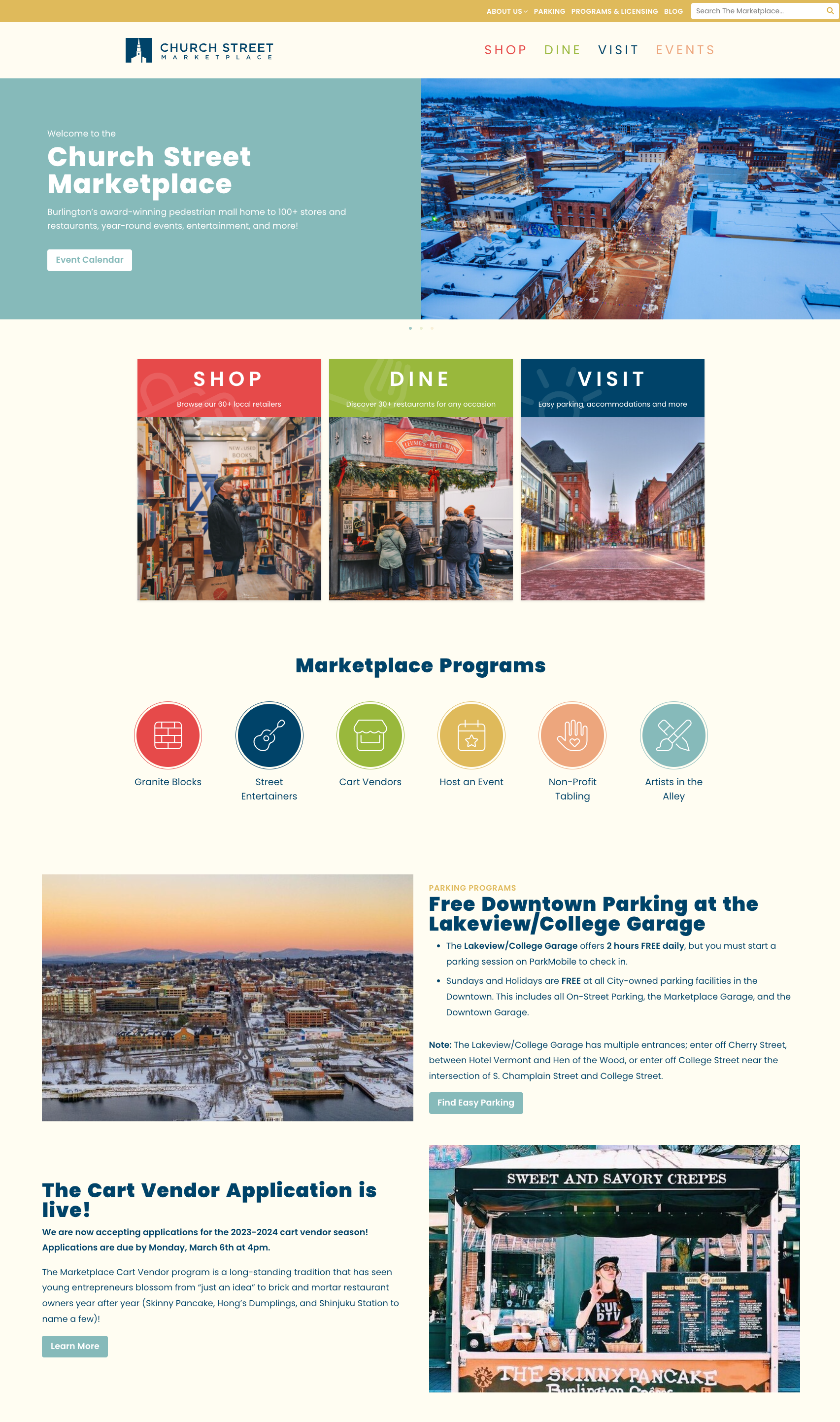 Website homepage for Church Street Marketplace, featuring shops, dining, and parking info.