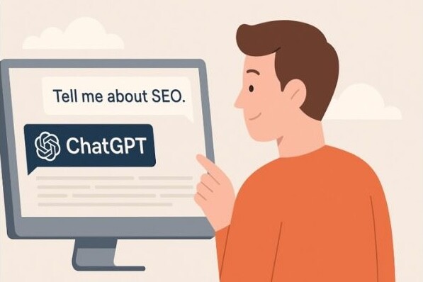 Person engaging with a computer screen displaying "Tell me about SEO" and the ChatGPT logo.