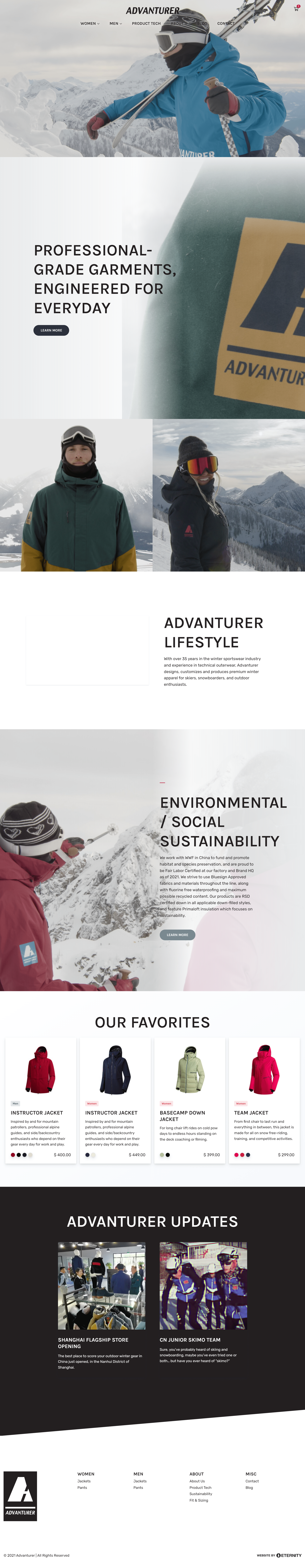 Website showcasing adventure clothing and sustainability, featuring gear and lifestyle images.