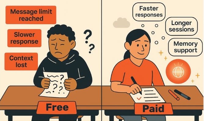 Comparison of free vs. paid services: limitations vs. benefits like faster responses and memory support.