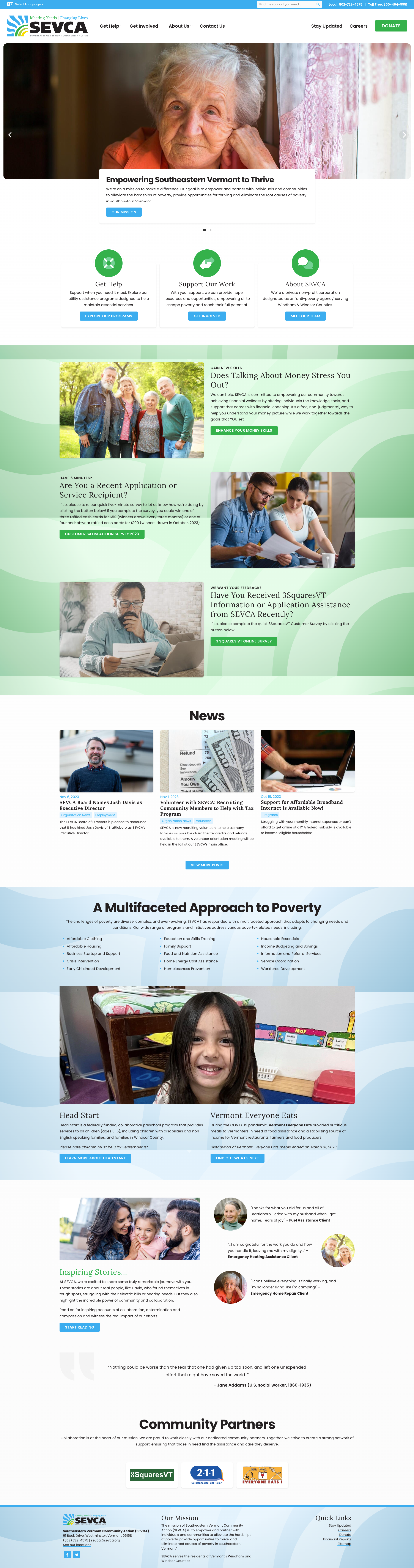 Homepage of SEVCA, focusing on community help and poverty empowerment initiatives.