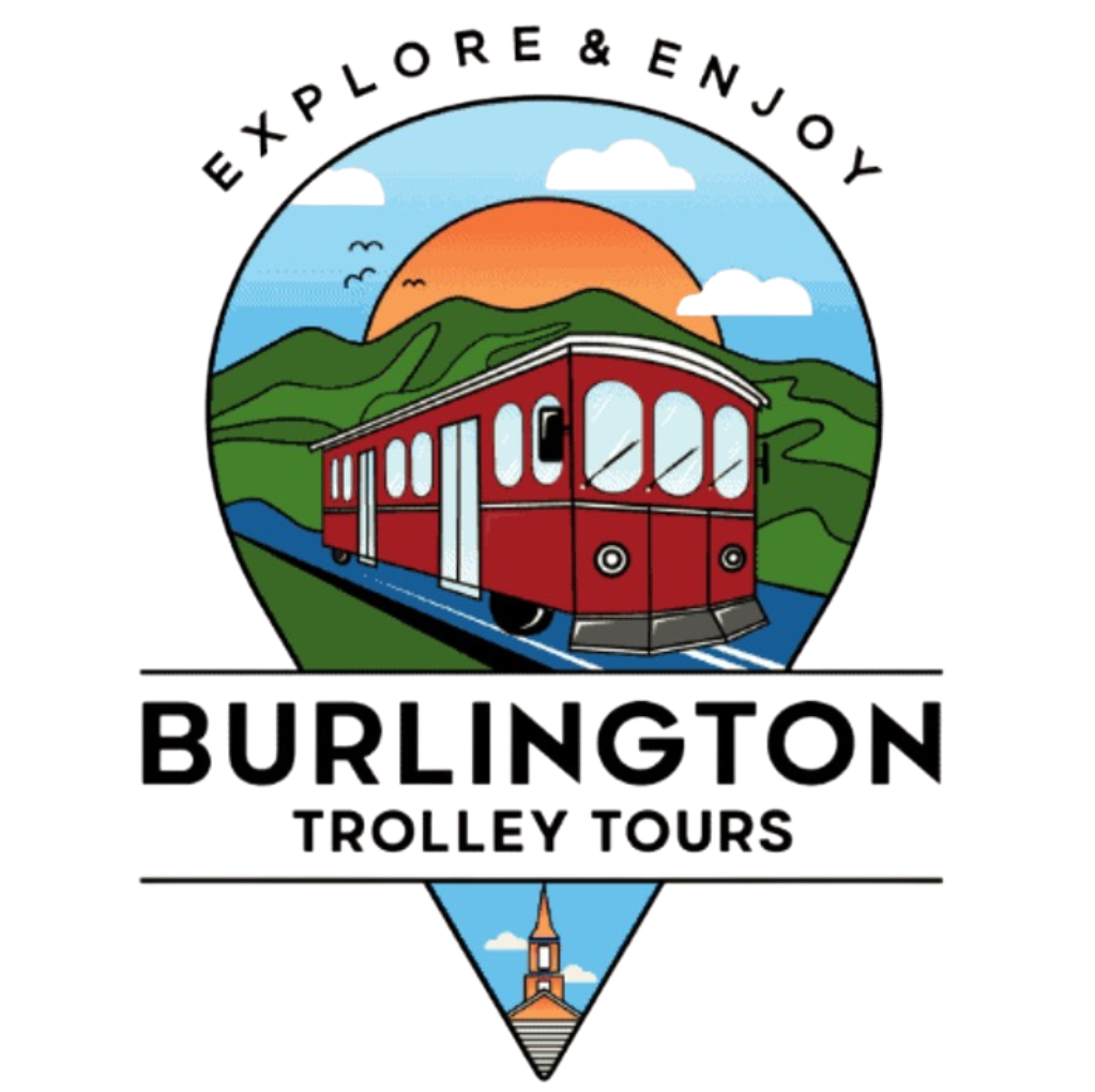 Graphic logo featuring a red trolley on a scenic route with mountains and a sunset.