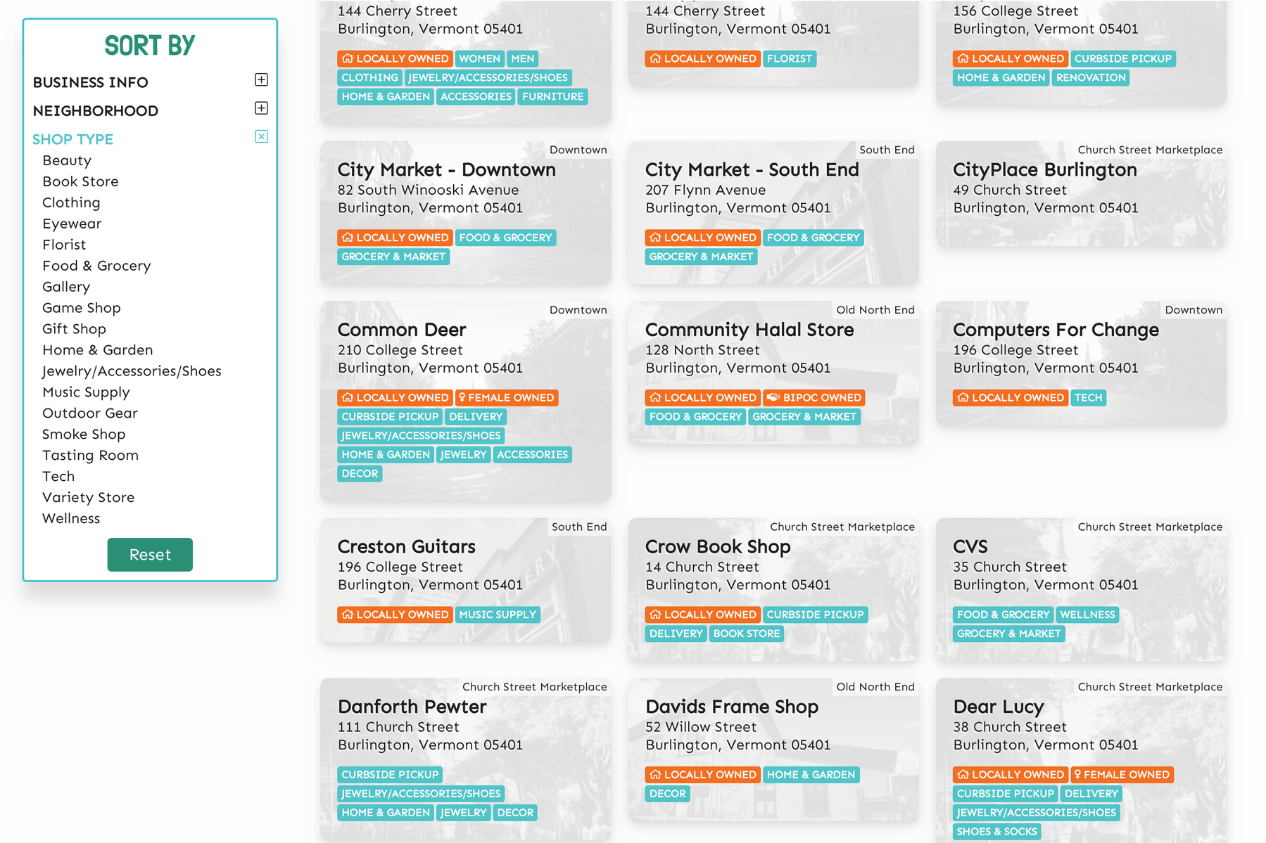 Directory of locally owned businesses in Burlington, Vermont, by category and neighborhood.