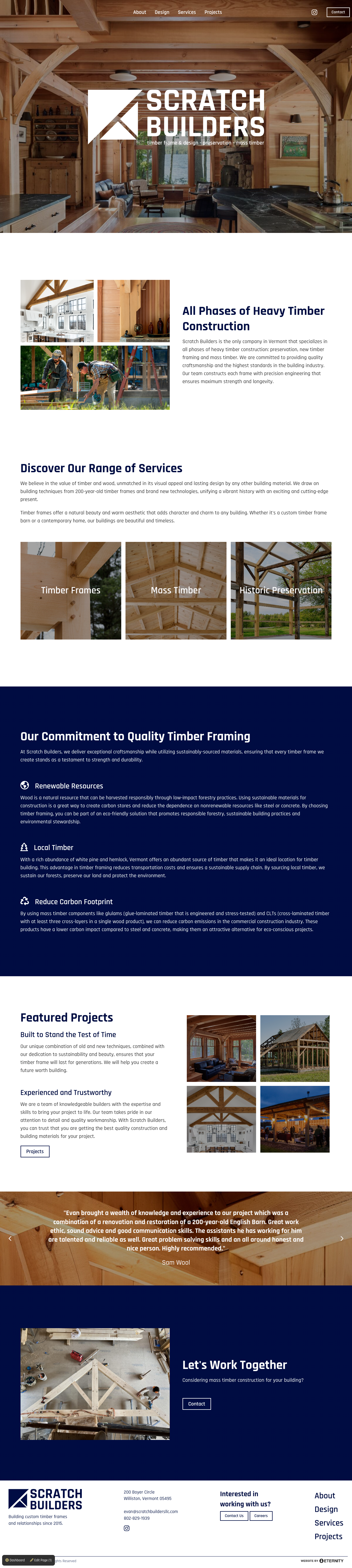 Website for Scratch Builders showcasing heavy timber construction services and projects.