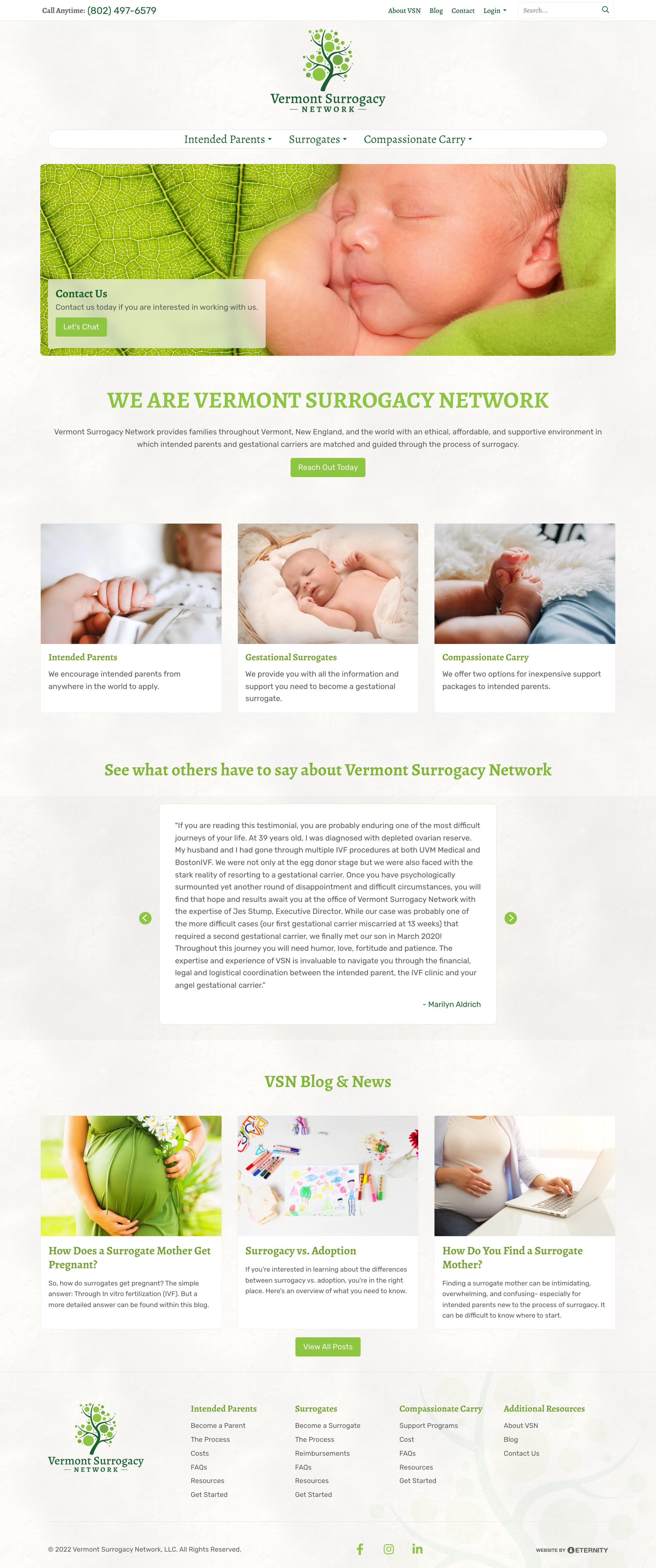 Homepage of the Vermont Surrogacy Network, featuring services for intended parents and surrogates.