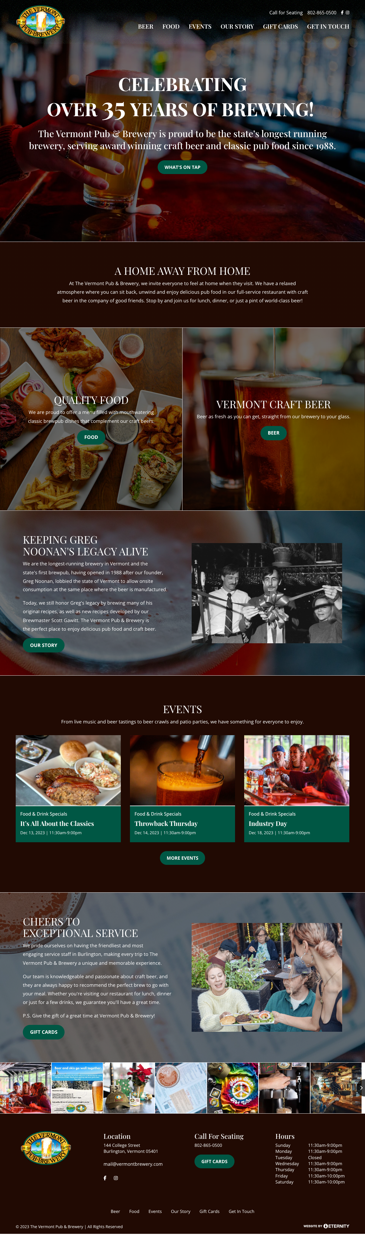 Website for Vermont Pub & Brewery, highlighting craft beer, food, and events.