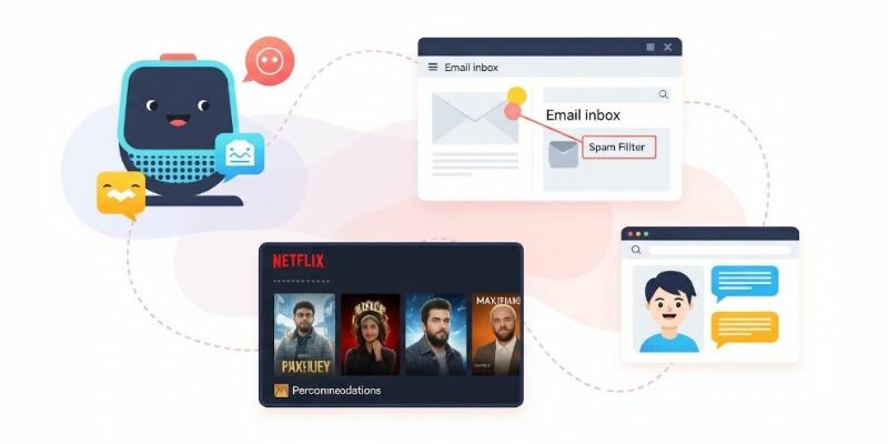 Illustration of digital communication tools and Netflix recommendations.