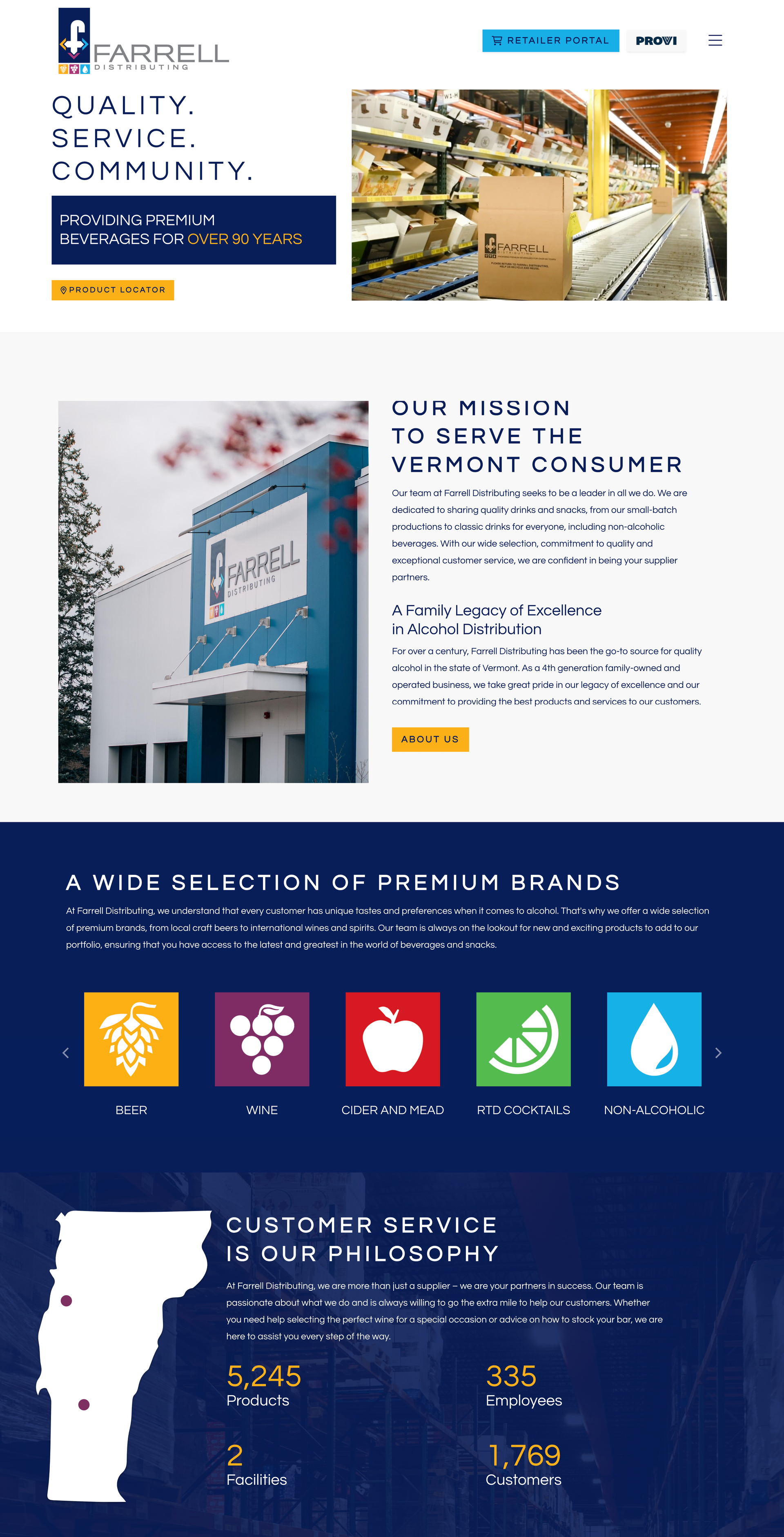 Website screenshot for Farrell Distributing, showcasing premium beverage offerings and services.