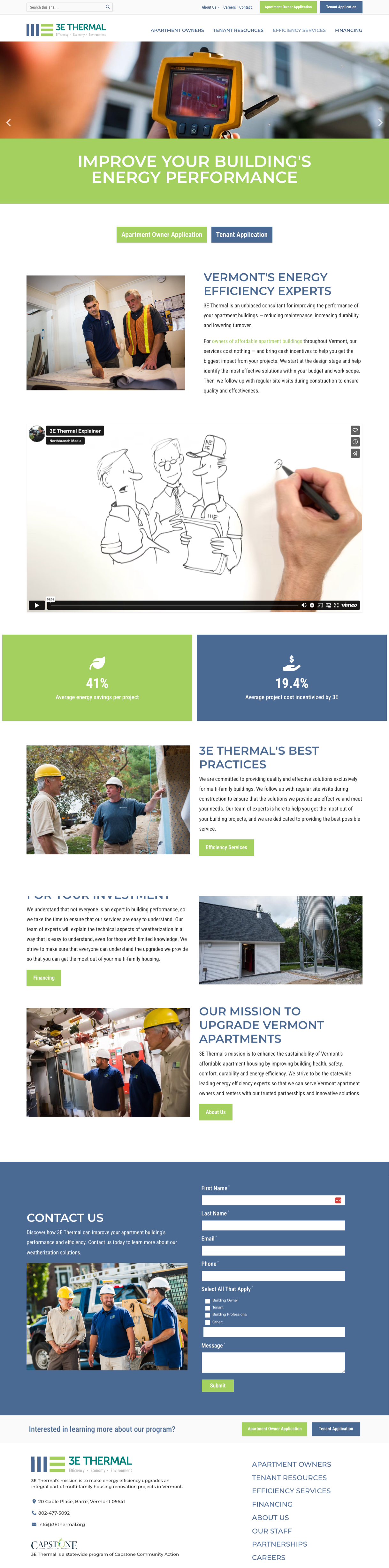 Website for 3E Thermal, focusing on improving energy efficiency for Vermont buildings.