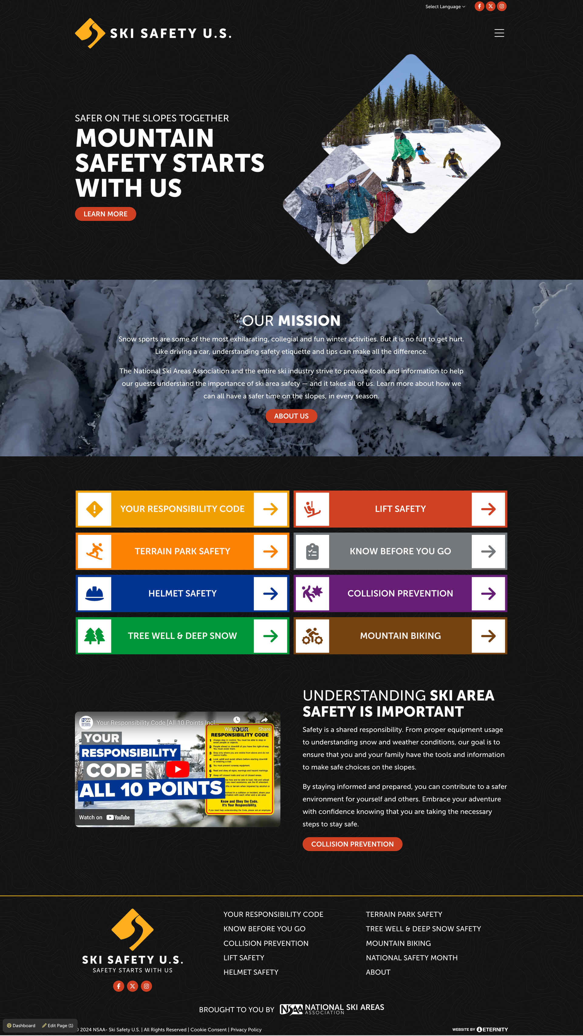 Website focused on ski safety with navigation links and information on safety practices.