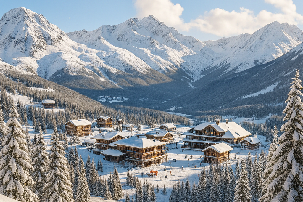 Snow-covered mountains surround a wooden lodge village in a winter landscape.