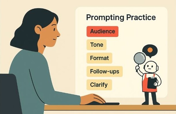 A woman practices prompting with a checklist and a small robot holding a notepad.
