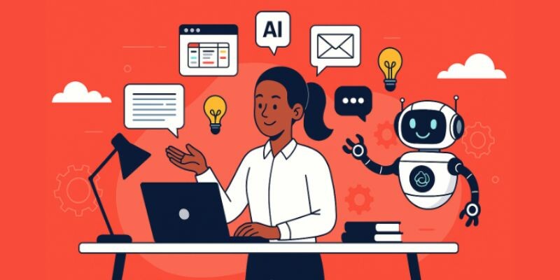 A person at a laptop interacts with a friendly robot, surrounded by AI-themed icons.