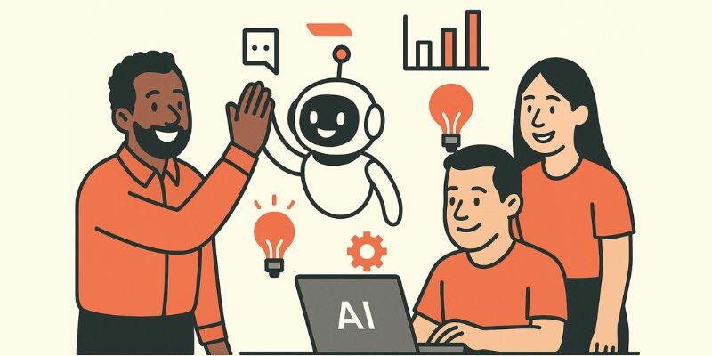 Three people interact with a friendly robot by a laptop displaying "AI."