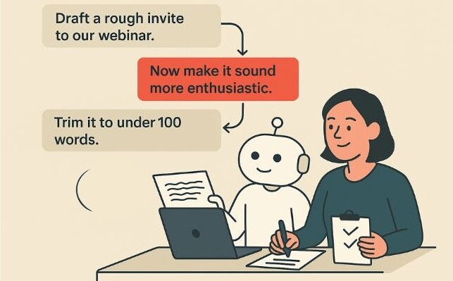 A person interacts with a robot to draft a webinar invitation enthusiastically and concisely.