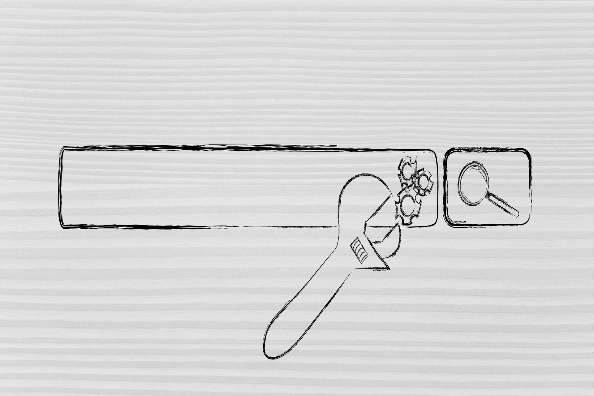drawing of wrench adjusting a search engine search bar to represent SEO for meta descriptions