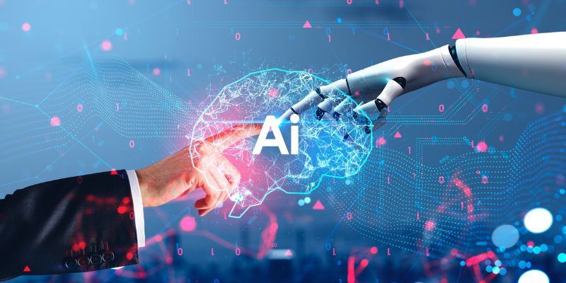 Concept image showing a human and robot connecting through a glowing digital brain with "AI" text, representing technology and innovation.