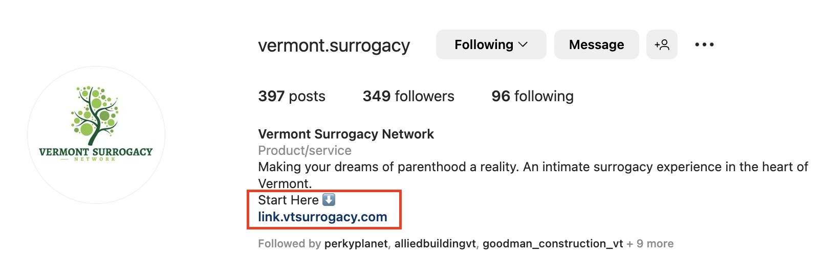 Vermont Surrogacy Instagram Bio