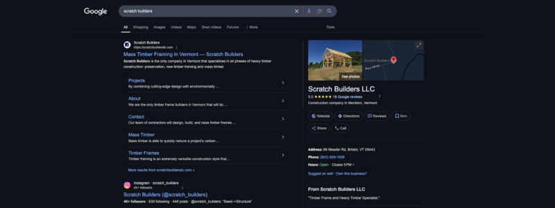 Google search results page for Scratch Builders LLC, a timber framing company in Vermont
