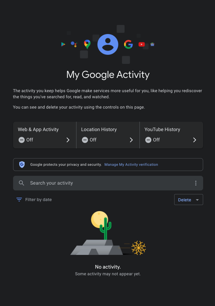 screenshot of the My Google Activity screen with Web & App Activity, Location History, and YouTube History all turned off