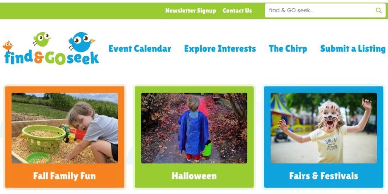 FindandGoSeek homepage showing kids enjoying fall fun, Halloween, and fairs & festivals.